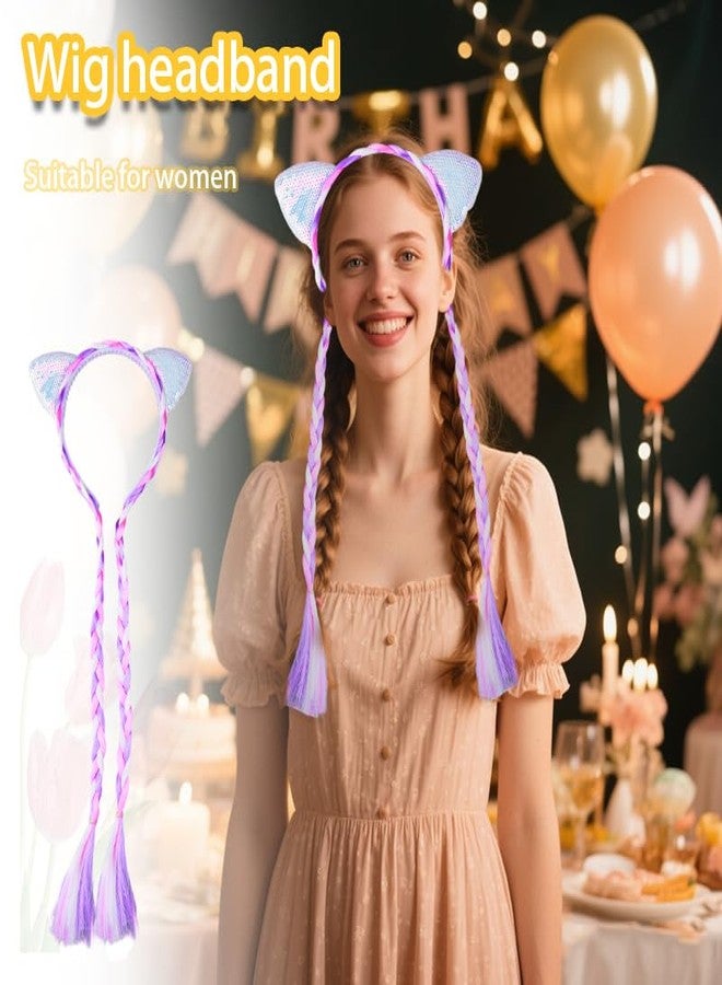 YangQian Cat Hair Accessories for Girls Halloween Cat Ear Headband with Long Braids Cosplay Costume Party Headwear for Teen Girl Xmas Headband Sparkly Hairbands Holiday Princess Head Bands Fake Braid Hair Band - Image 2